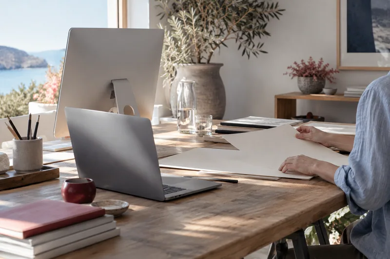 A creative professional arranging their work in a bright studio.