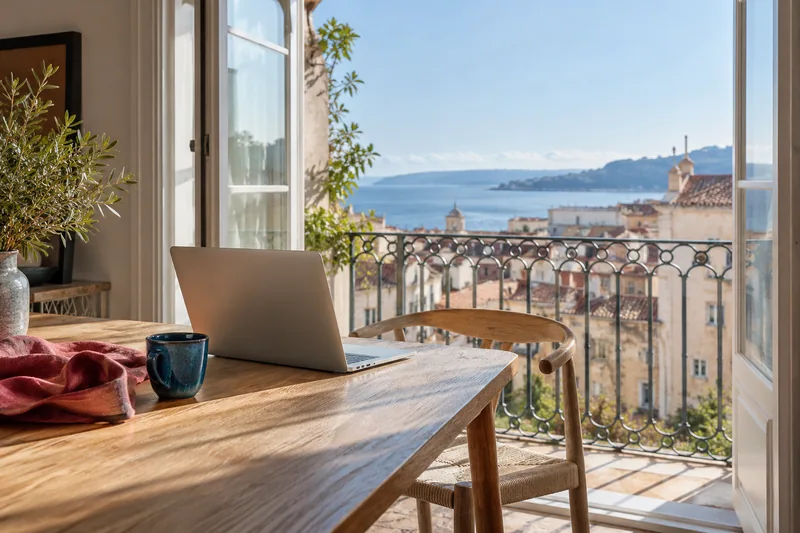 A light-filled workspace overlooking a coastal city.