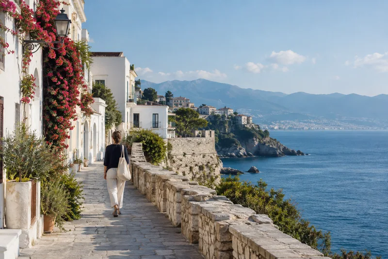 A professional with a shoulder bag walks beside the sea.