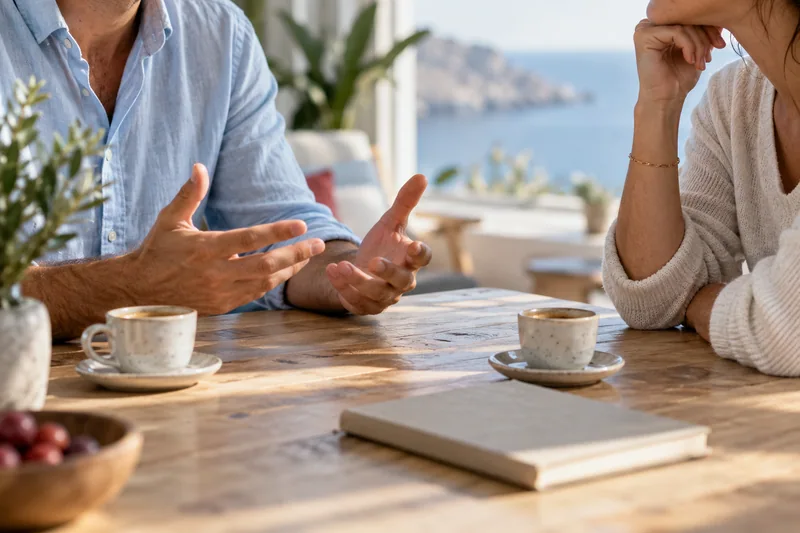 Two people discussing their work over a notebook and coffee.