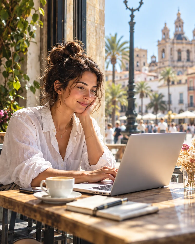 A professional working on a laptop at a sunlit café abroad.